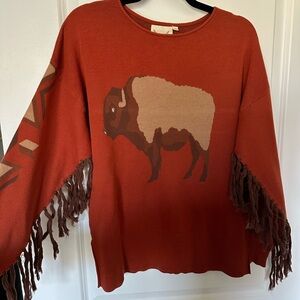 Rust Fringe Sweater with Buffalo Design